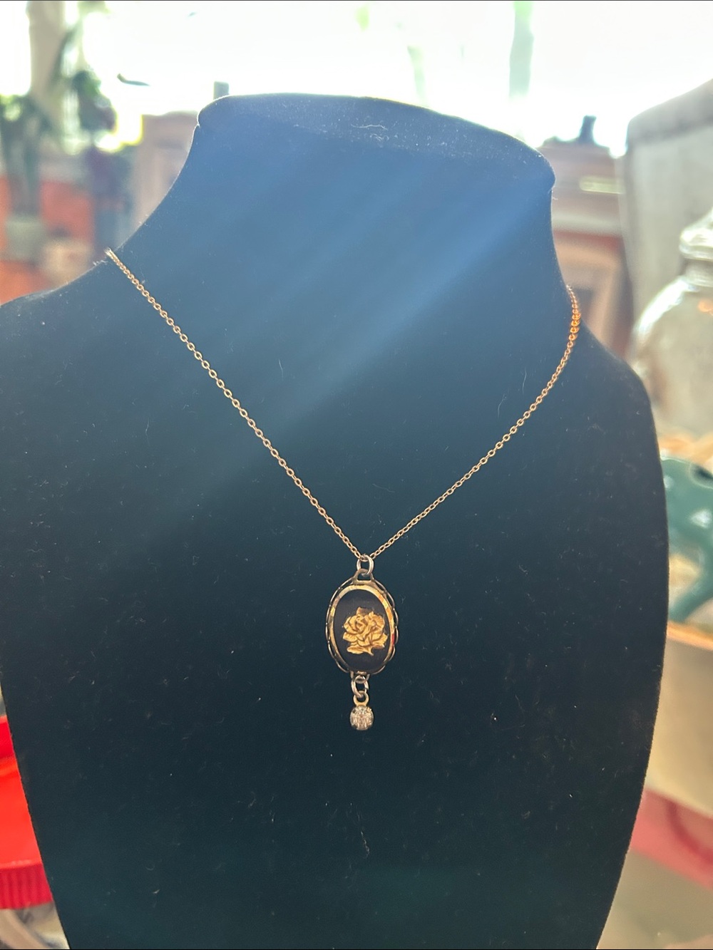 Gold Tone  Pendant Necklace with Rose and Crystal Drop - Women Jewelry